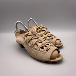 Paul Green Sandals Womens Size 8.5 Beige Leather Woven Slingback Peep Toe Shoes